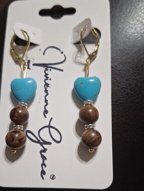 Vibrant Turquoise Heart & Wood Bead Drop Earrings with Sparkly Spacers